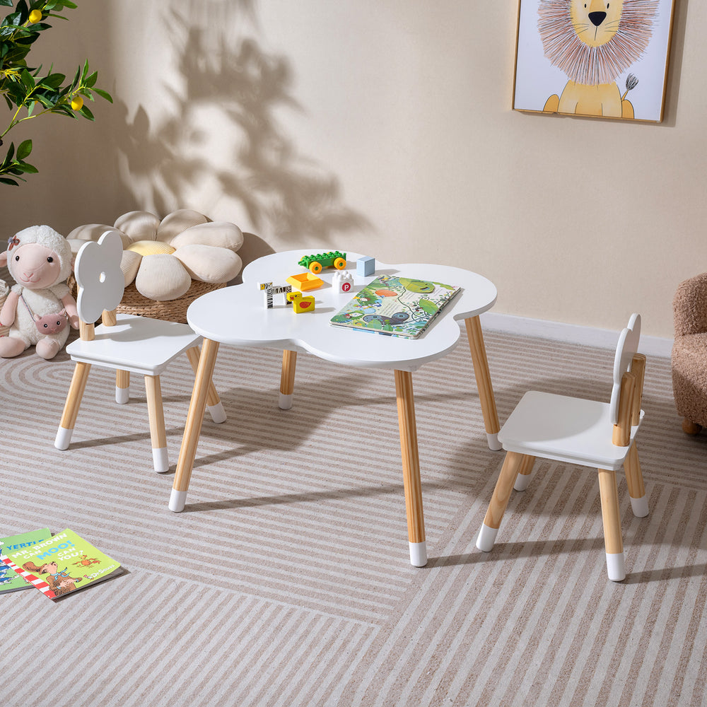 Flower-shaped kids table set with solid pine wood legs in white, ideal for playrooms and kindergartens.
