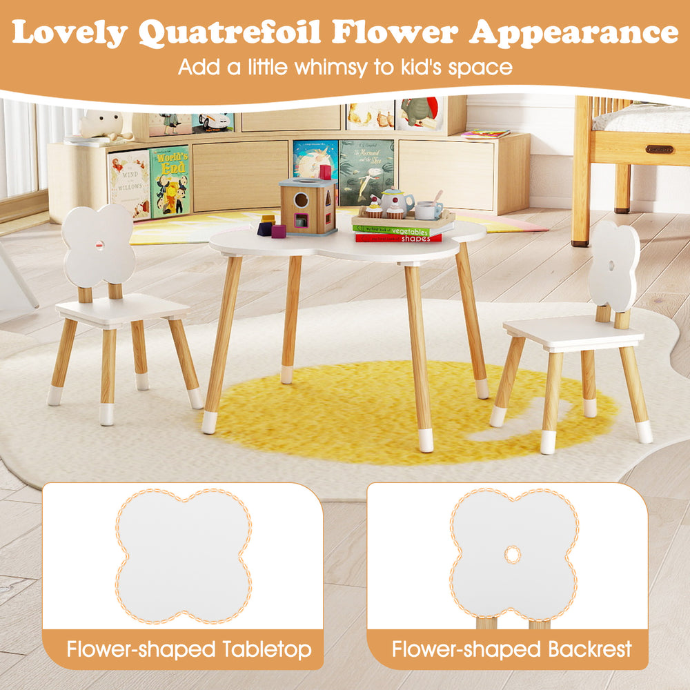 Flower-shaped kids table set with solid pine wood legs, ideal for playrooms and kindergartens, featuring cozy seats.