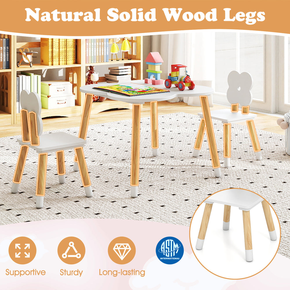 Close-up of solid pine wood legs on the flower-shaped kids table set, ensuring sturdiness and safety for young children.