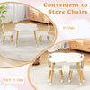 Flower-shaped kids table set with solid pine wood legs, featuring convenient chair storage for playrooms and daycares.