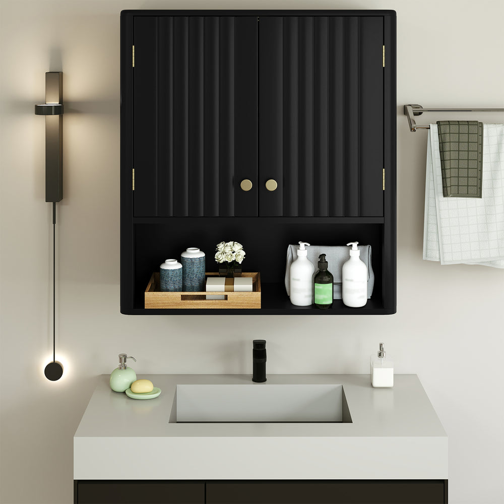 Fluted Bathroom Wall Cabinet with Open Shelf-Black - Gallery View 1 of 10