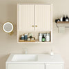 Fluted bathroom wall cabinet in beige with open shelf, gold knobs, and adjustable storage for stylish organization.