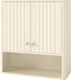 Fluted bathroom wall cabinet in beige with open shelf, adjustable shelf, and elegant gold knobs for stylish storage.