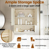 Fluted bathroom wall cabinet in beige with open shelf and adjustable storage for towels and skincare products.