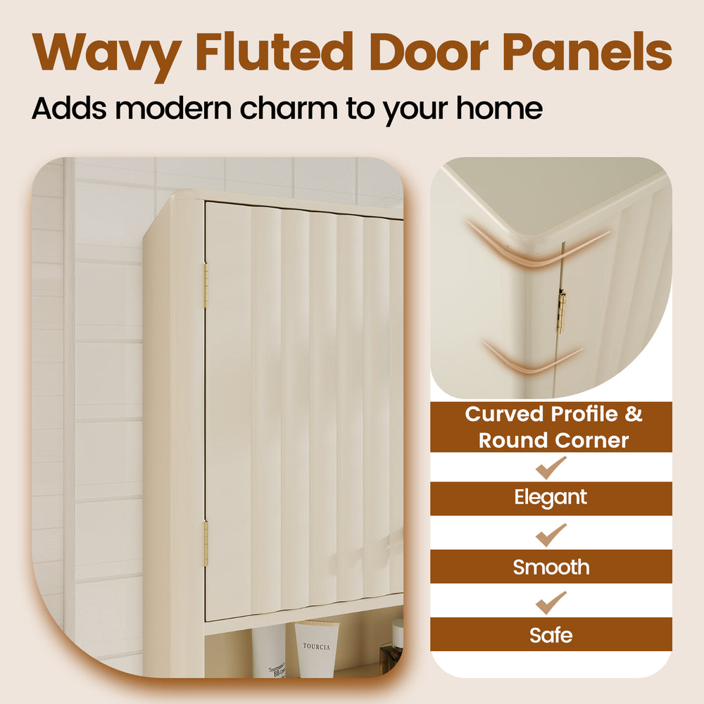 Fluted bathroom wall cabinet in beige with open shelf, gold knobs, and smooth round corners for elegant storage.