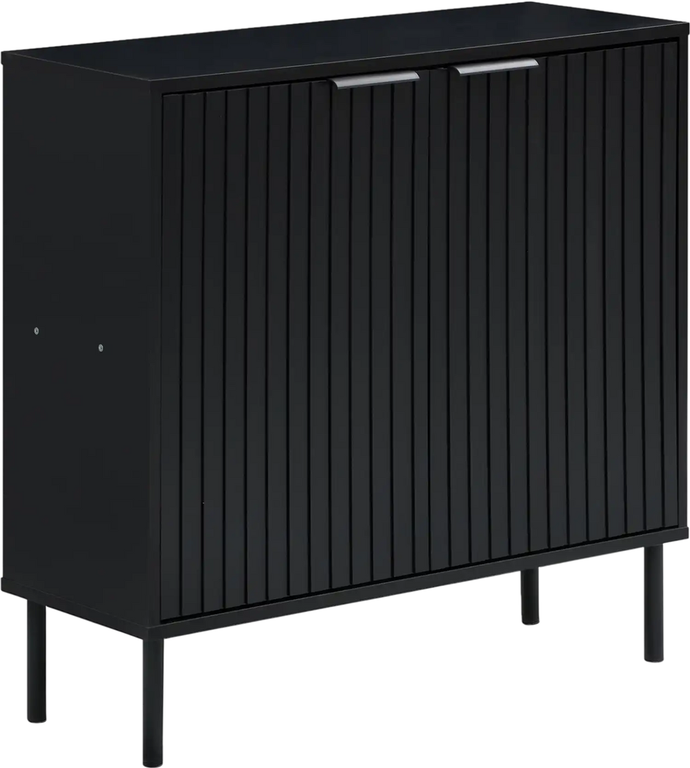Fluted black buffet cabinet with two doors, spacious tabletop, and metal legs for versatile kitchen and dining room use.