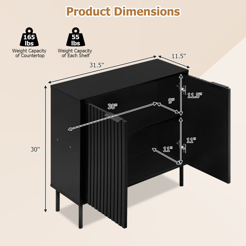 Fluted black buffet cabinet with two doors, spacious tabletop, and adjustable feet for versatile kitchen or dining room use.