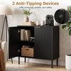 Fluted black buffet cabinet with two doors, spacious tabletop, and anti-tipping devices for kitchen and dining room use.