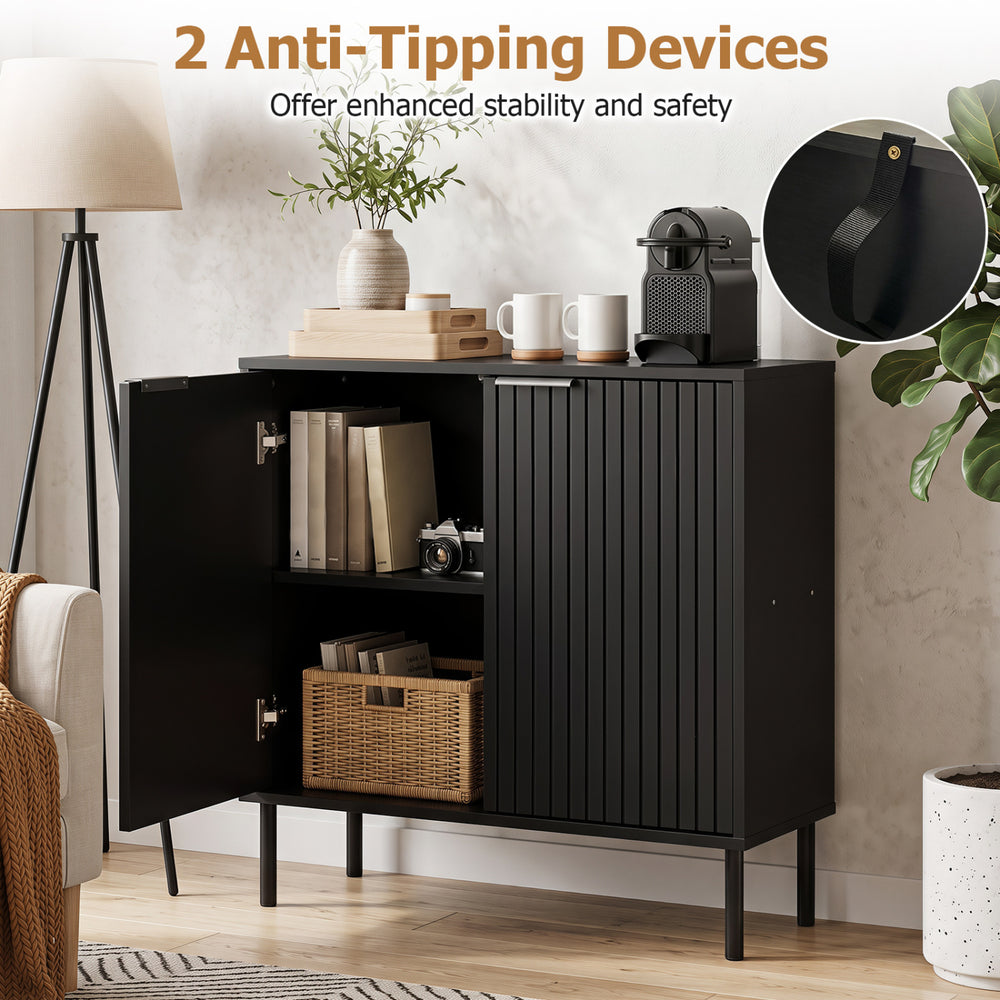 Fluted black buffet cabinet with two doors, spacious tabletop, and anti-tipping devices for kitchen and dining room use.