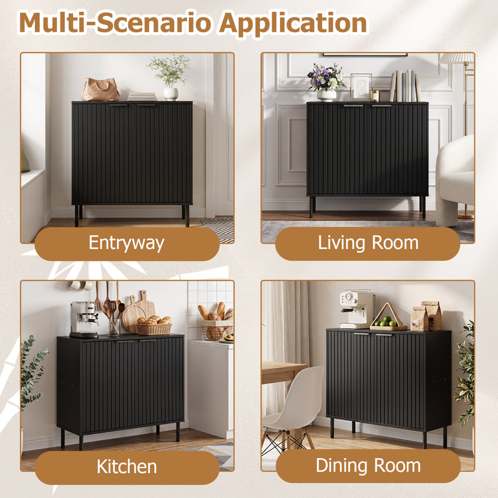 Fluted black buffet cabinet with two doors, ideal for kitchen or dining room storage and organization.