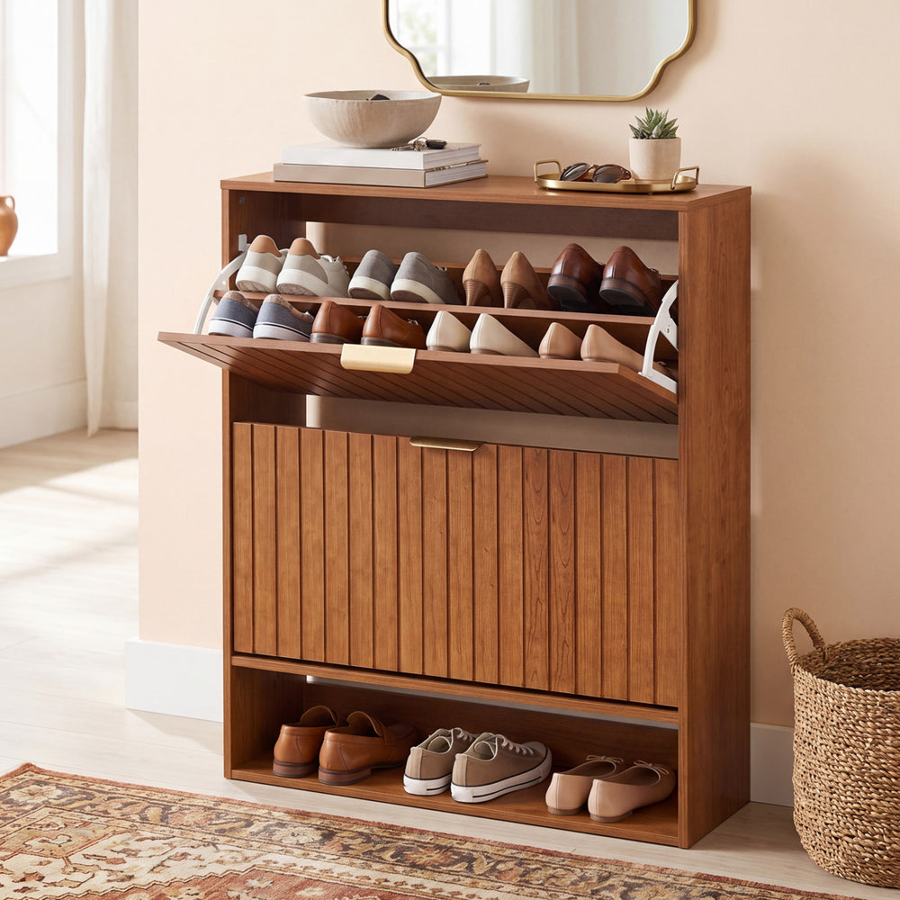 Fluted hidden shoe cabinet in walnut with 2 flip drawers and open storage, ideal for narrow spaces and stylish.