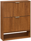 Fluted hidden shoe cabinet in walnut showcasing a sturdy wooden design with golden handles and removable shelves for.