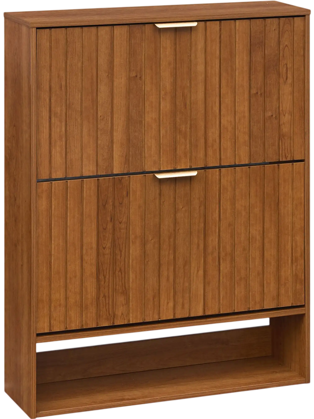 Fluted hidden shoe cabinet in walnut showcasing a sturdy wooden design with golden handles and removable shelves for.
