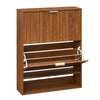 Fluted hidden shoe cabinet in walnut with 2 flip drawers and open storage, ideal for narrow spaces and entryways.
