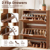 Fluted hidden shoe cabinet in walnut with 2 flip drawers and open storage, ideal for narrow spaces and organized.