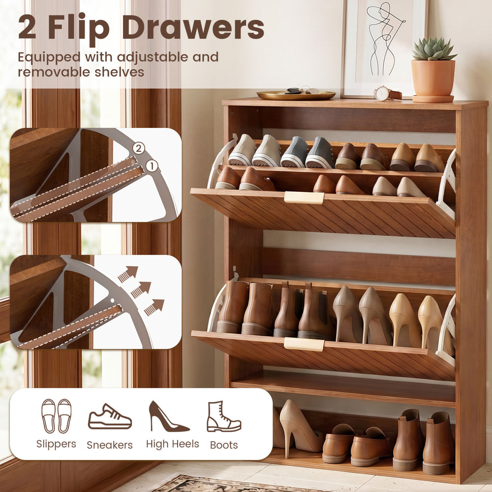 Fluted hidden shoe cabinet in walnut with 2 flip drawers and open storage, ideal for narrow spaces and organized.