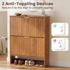 Fluted hidden shoe cabinet in walnut with 2 flip drawers and open storage, ideal for narrow spaces and hallway.