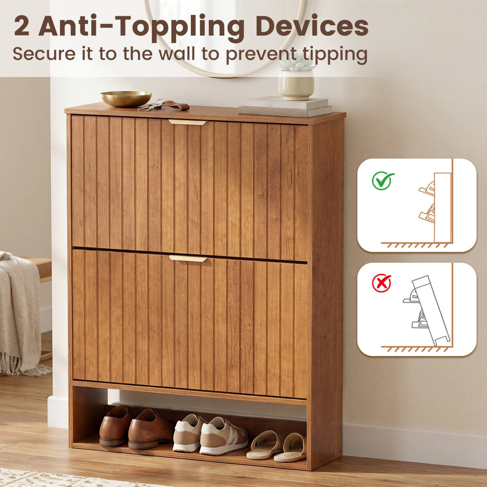 Fluted hidden shoe cabinet in walnut with 2 flip drawers and open storage, ideal for narrow spaces and hallway.