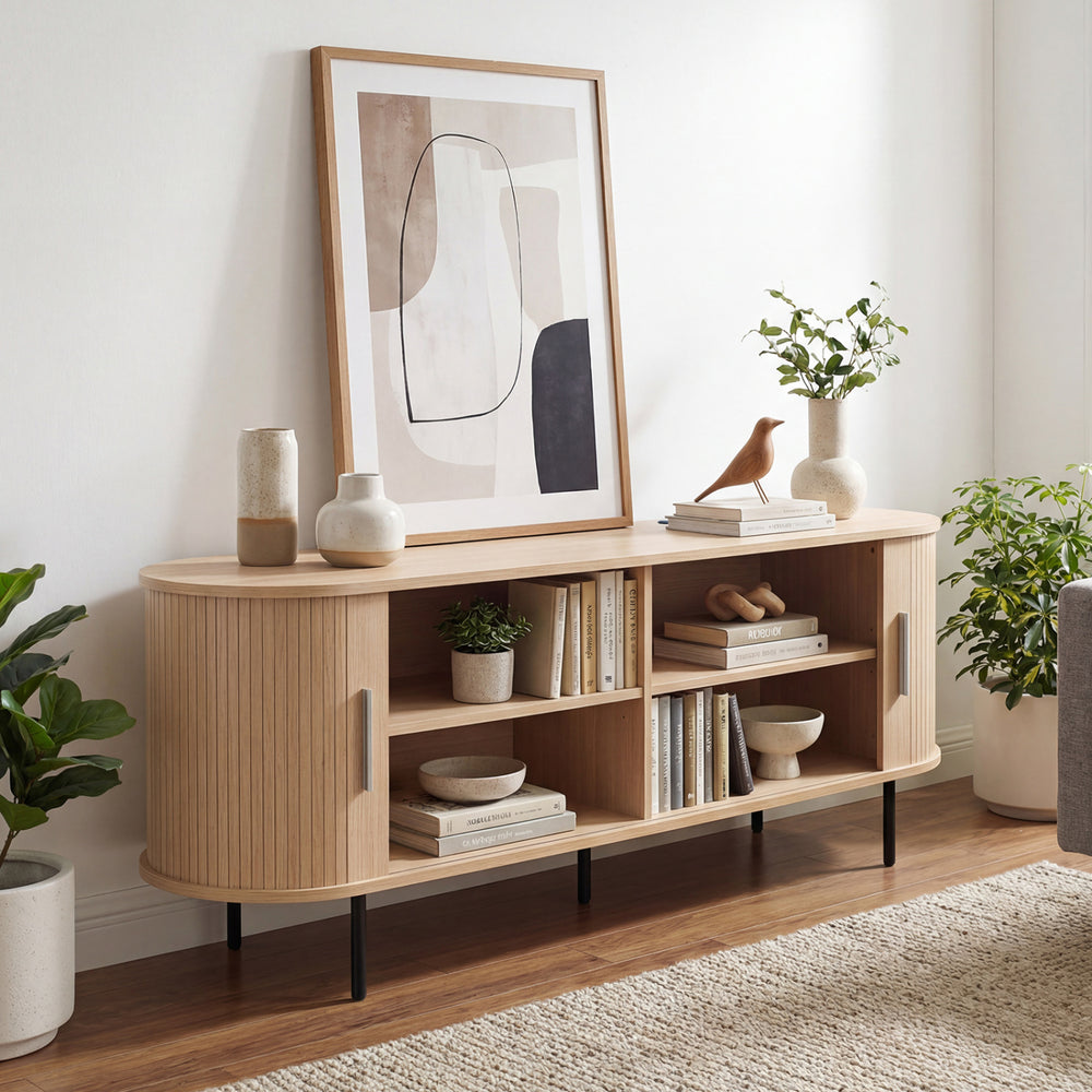 Fluted TV stand with natural wood finish, featuring 8 compartments and rounded edges, ideal for living room.