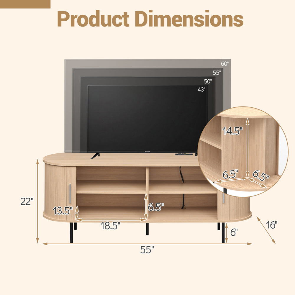 Dimensions of the Fluted TV Stand for TVs up to 60", featuring a natural wood-like finish and multiple storage.