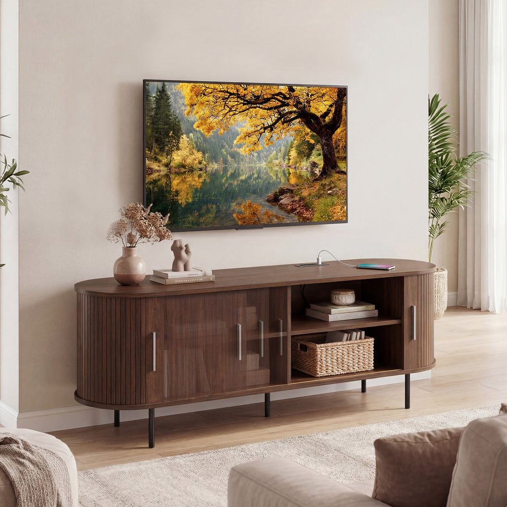 Fluted TV Stand for TVs up to 60" Mid Century Curved Entertainment Center-Walnut - Gallery View 1 of 10