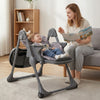 Foldable high chair in gray with detachable cushion, adjustable height, and safety features for babies and toddlers.