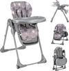 Foldable high chair in gray with three adjustable backrest positions and durable metal frame for stability and comfort.