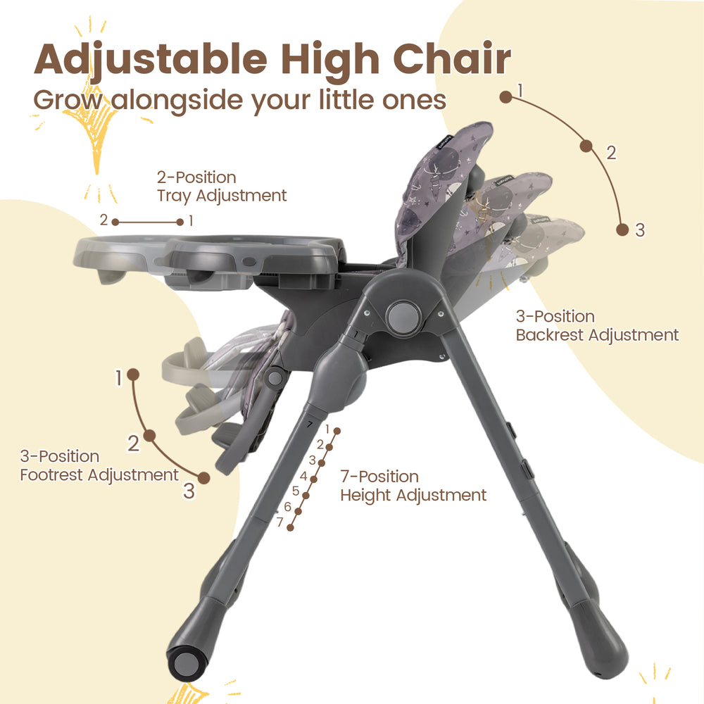 Adjustable high chair in gray with 3 backrest positions, 7 height settings, and detachable cushion for babies and.