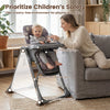 Foldable high chair in gray with detachable cushion, featuring a 5-point safety harness and adjustable height for.
