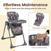 Foldable high chair in gray with detachable cushion, featuring easy-to-clean surface and adjustable height for toddlers.