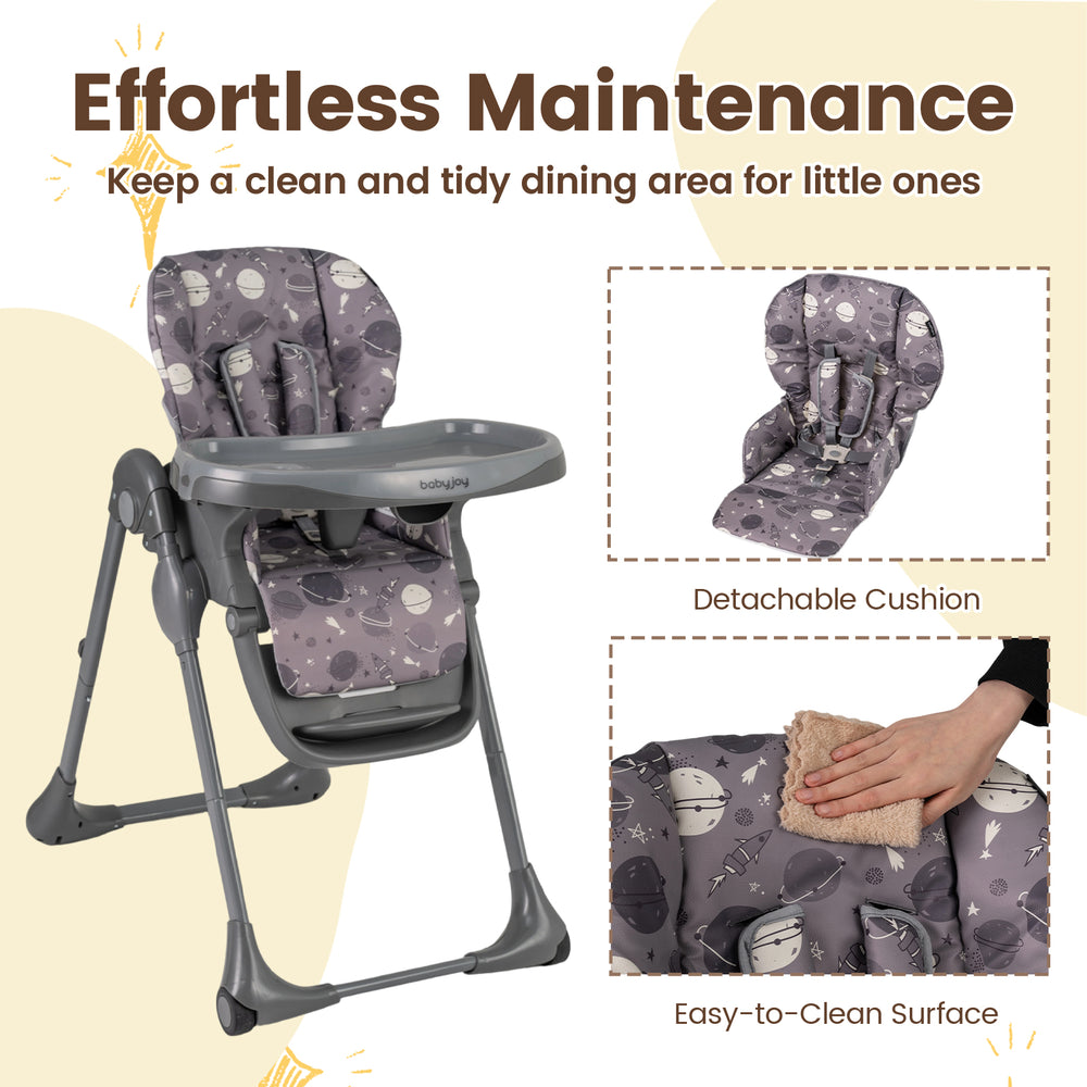 Foldable high chair in gray with detachable cushion, featuring easy-to-clean surface and adjustable height for toddlers.