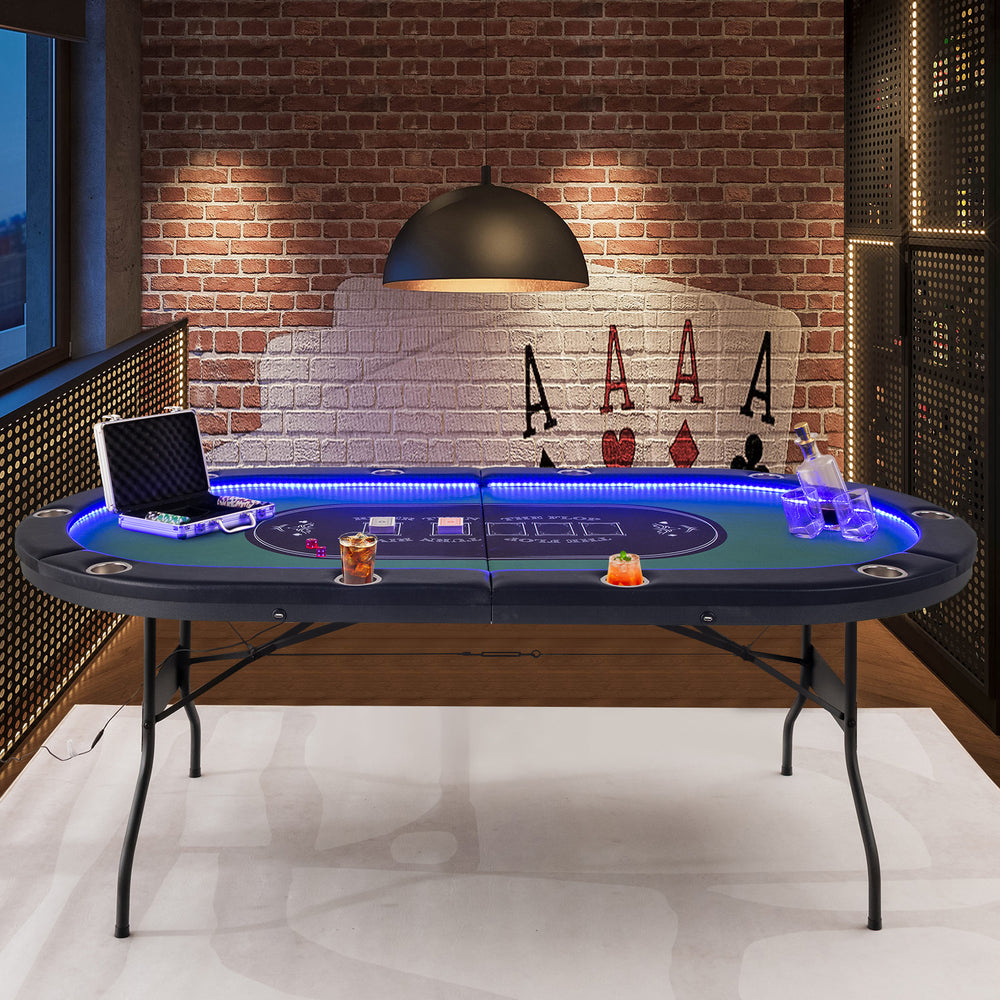 Foldable 10-player poker table with LED lights, USB ports, and cup holders, perfect for gaming and gatherings.
