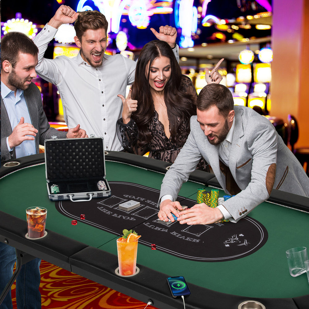 Foldable 10-player poker table with LED lights and USB ports, ideal for Texas Hold'em games and gatherings.