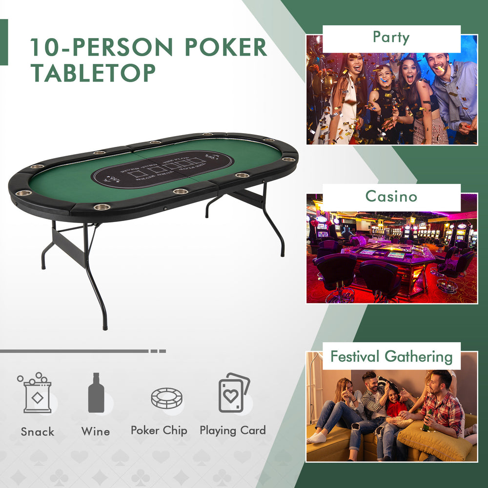 Foldable 10-player poker table with green surface, cup holders, USB ports, ideal for parties and gatherings.