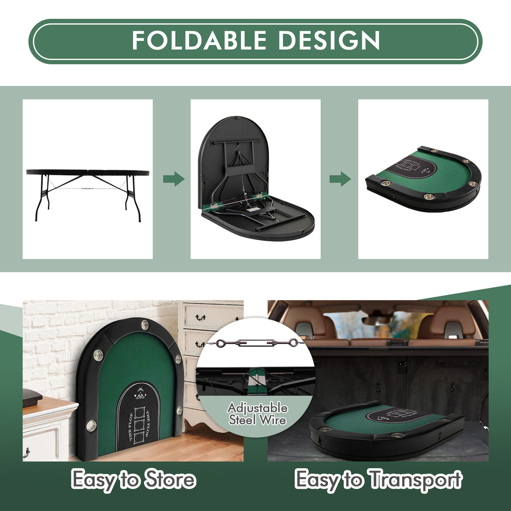 Foldable poker table showing adjustable steel wires, LED lights, and USB ports, ideal for 10 players and easy storage.