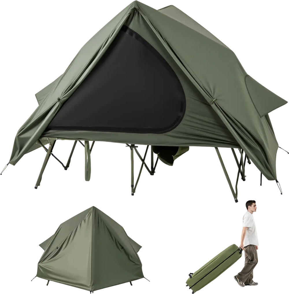 Foldable 2-Person Camping Cot Tent with Pop-up Tent Shelter and Portable Wheeled Bag-Green