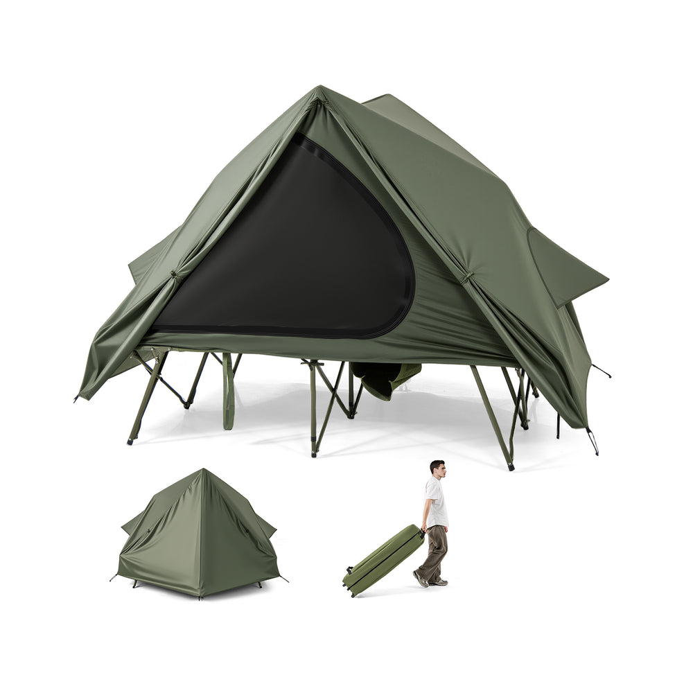 Foldable 2-person camping cot tent in green with pop-up shelter, portable wheeled bag, ideal for outdoor adventures.