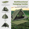 Foldable 2-person camping cot with pop-up tent shelter in green, ideal for camping and outdoor adventures.