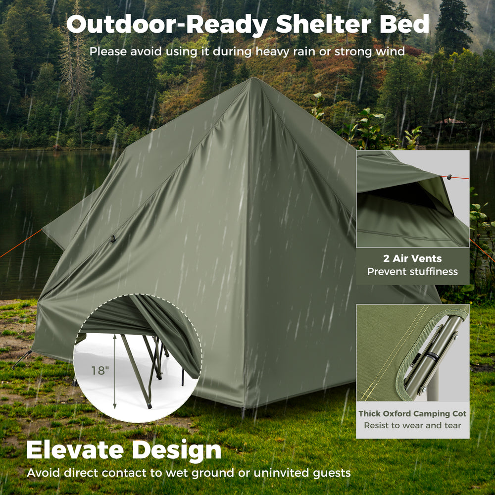 Foldable 2-person camping cot tent in green with waterproof rainfly, elevated design, and breathable air vents for.