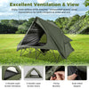 Foldable 2-person camping cot tent in green with double-layer mesh doors for ventilation, ideal for outdoor adventures.