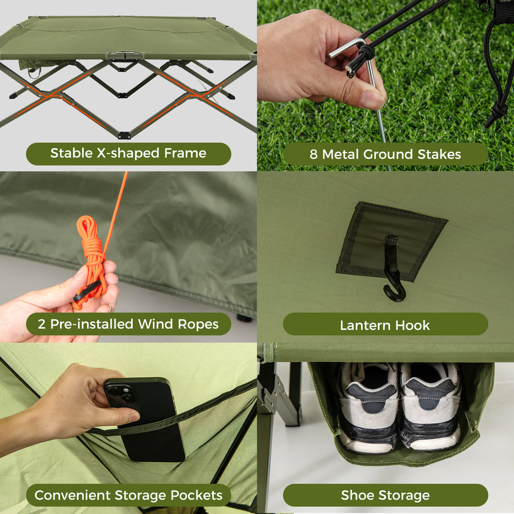 Foldable 2-person camping cot with pop-up tent, featuring storage pockets and a lantern hook for convenient camping use.