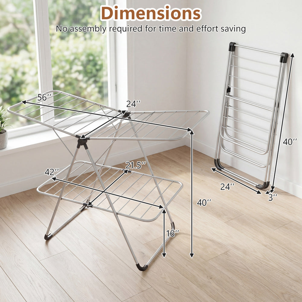 Foldable 2-tier clothes drying rack made of heavy-duty aluminum and stainless steel, perfect for efficient laundry.
