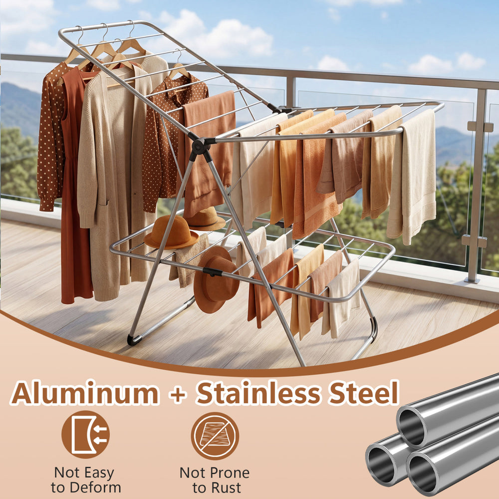 Foldable 2-tier clothes drying rack made of aluminum and stainless steel, ideal for efficient laundry drying on.