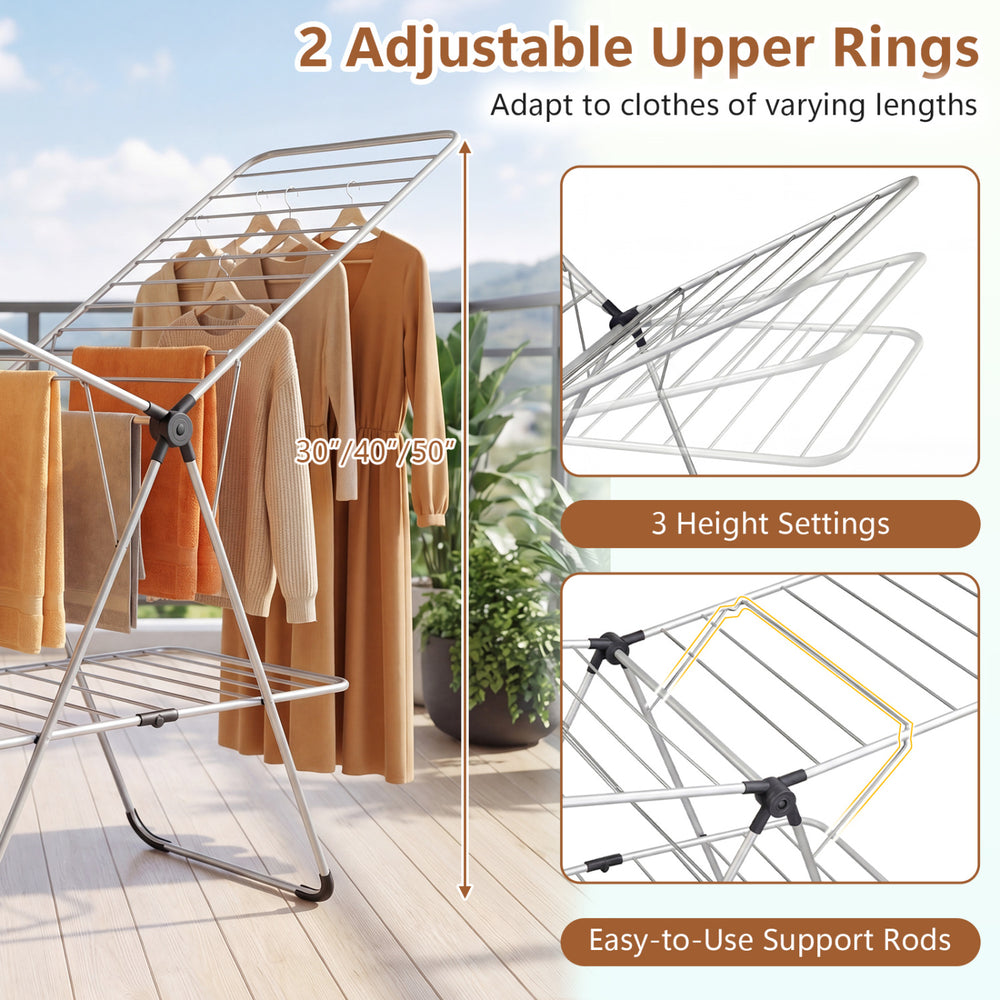 Foldable 2-tier clothes drying rack with adjustable upper rings, made of aluminum and stainless steel, ideal for.