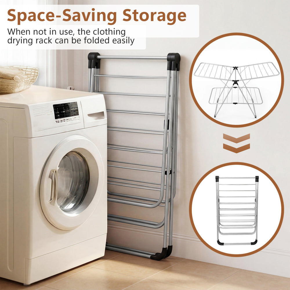Foldable 2-tier clothes drying rack made of heavy-duty aluminum and stainless steel, ideal for space-saving laundry.