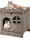 Foldable 2-tier grey rattan cat litter box enclosure with a cozy top perch and large entry for easy access.