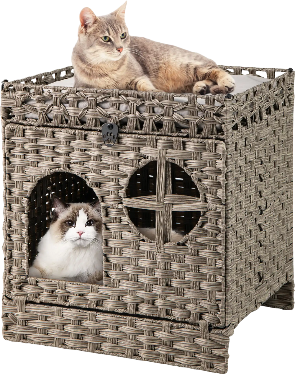 Foldable 2-tier grey rattan cat litter box enclosure with a cozy top perch and large entry for easy access.
