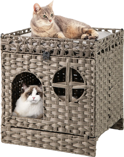 Costway Foldable 2-Tier Rattan Cat Litter Box Enclosure w/ Litter Mat 52657232 New
