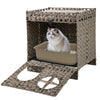 Foldable 2-tier rattan cat litter box enclosure in grey with large entry, removable cushion, and easy-clean litter mat.