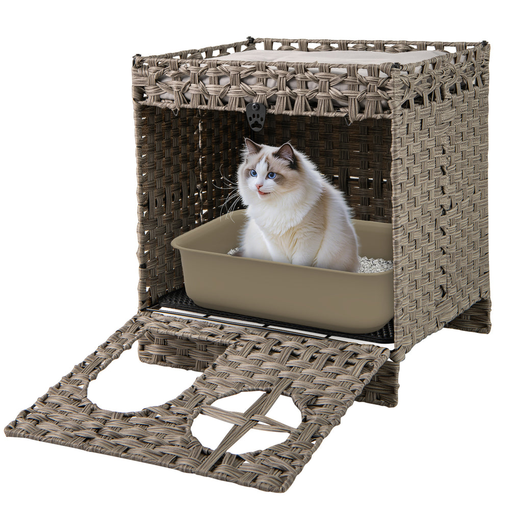 Foldable 2-tier rattan cat litter box enclosure in grey with large entry, removable cushion, and easy-clean litter mat.